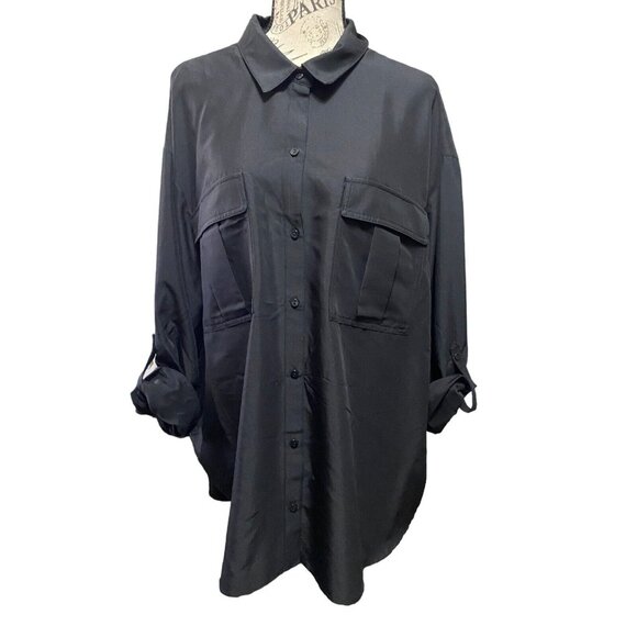 Old Navy Top Long Roll Tab Sleeve Womens 2X Button Up Double Pockets Black XXL - Picture 10 of 10